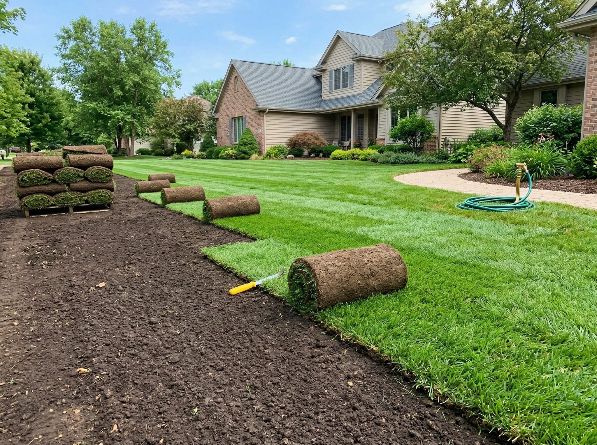 Fresh sod installation on residential property