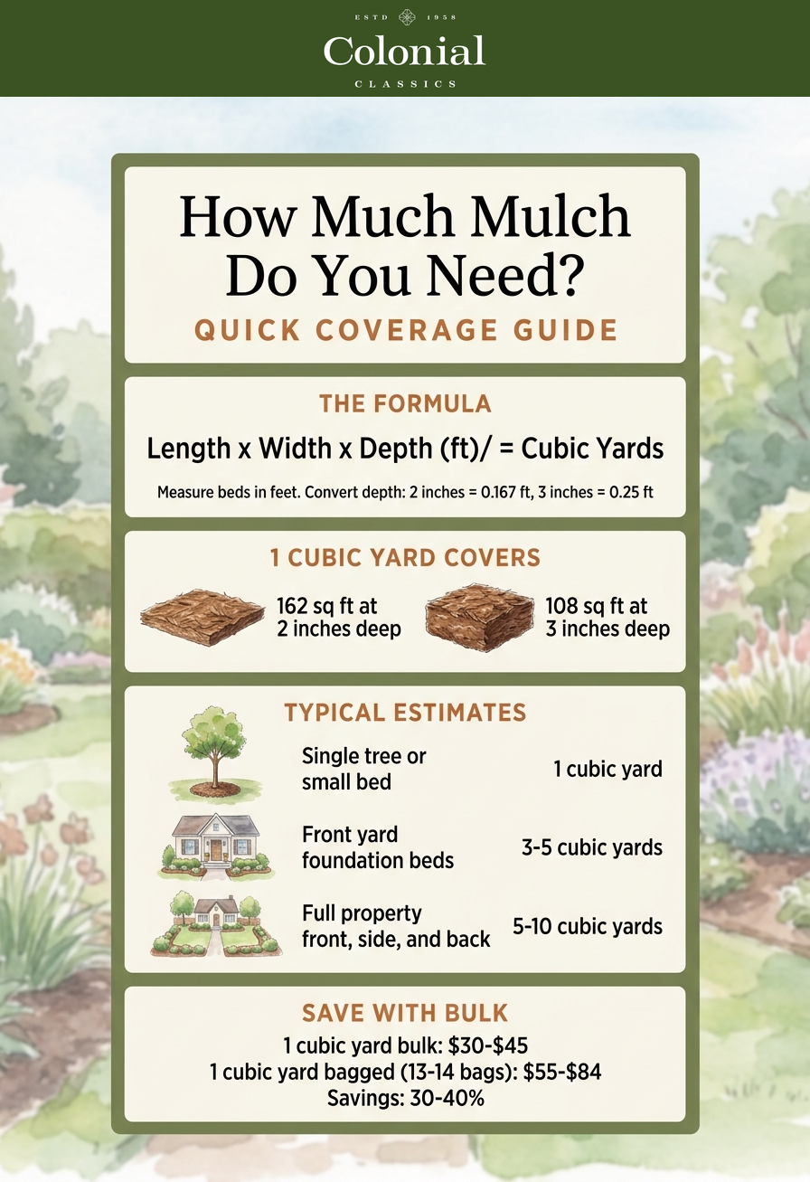 Quick coverage guide showing the formula for calculating cubic yards, coverage per cubic yard at 2 and 3 inches, typical estimates for single beds, front yards, and full properties, and bulk versus bagged mulch savings