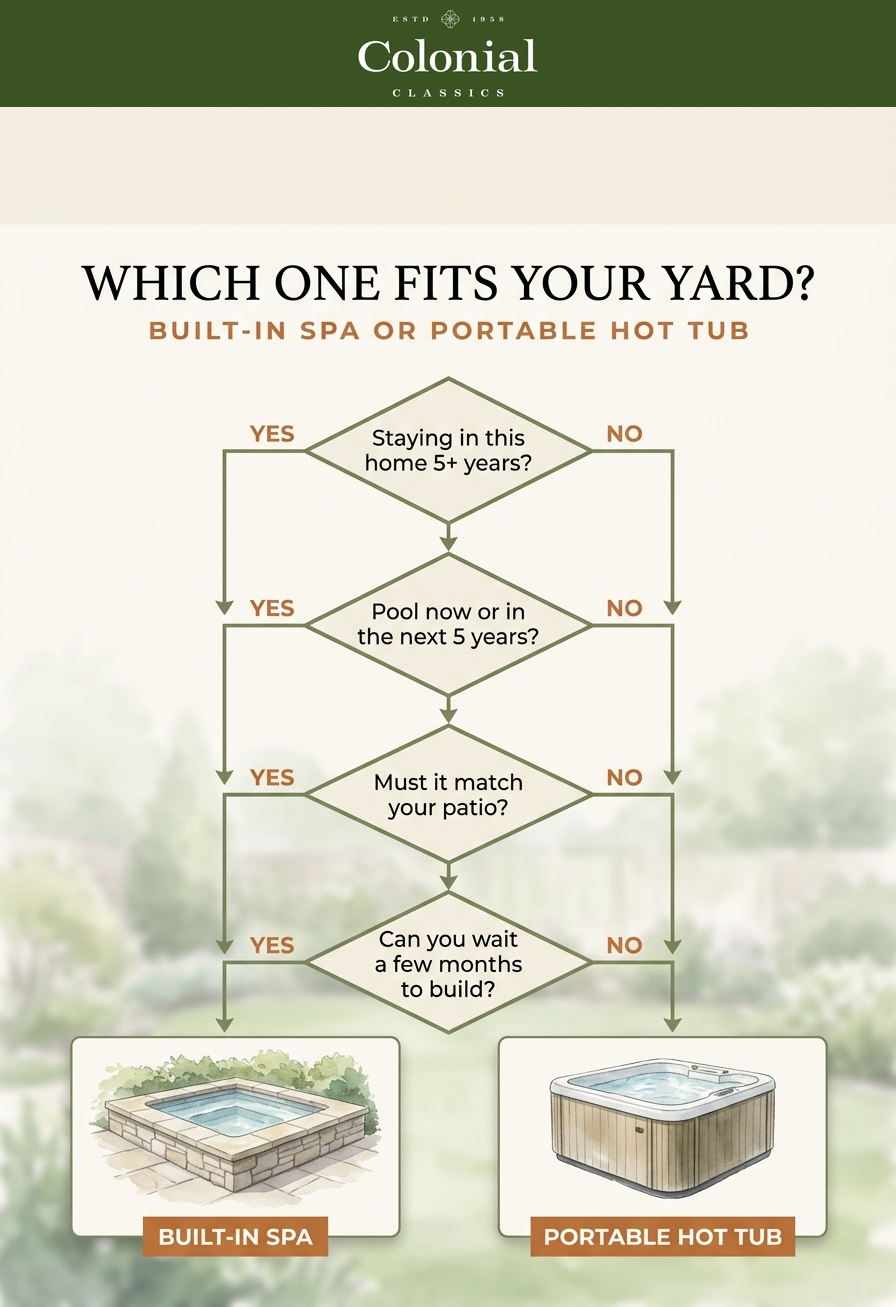 Decision flowchart with four yes or no questions leading to either a built-in spa or a portable hot tub