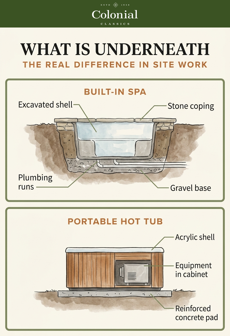 Cutaway diagram comparing a built-in spa excavated into the ground against a portable hot tub resting on a concrete pad
