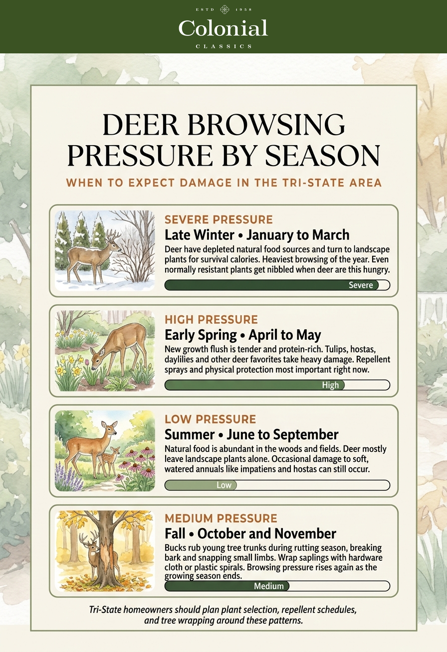 Calendar showing deer browsing pressure by season: severe late winter, high early spring, low summer, medium fall