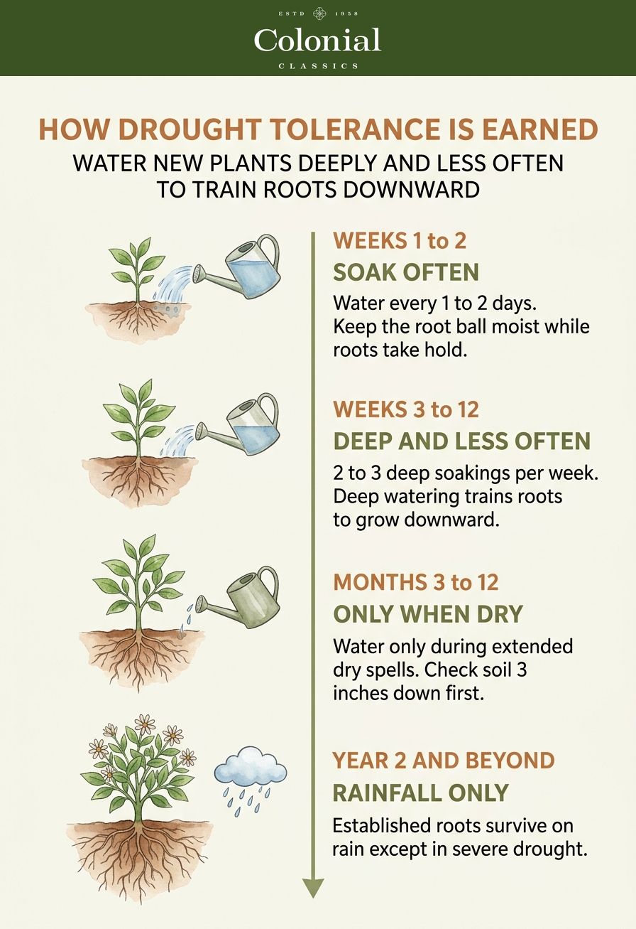 Timeline showing how to water new drought tolerant plants: daily for two weeks then deep weekly soakings tapering to rainfall only by year two