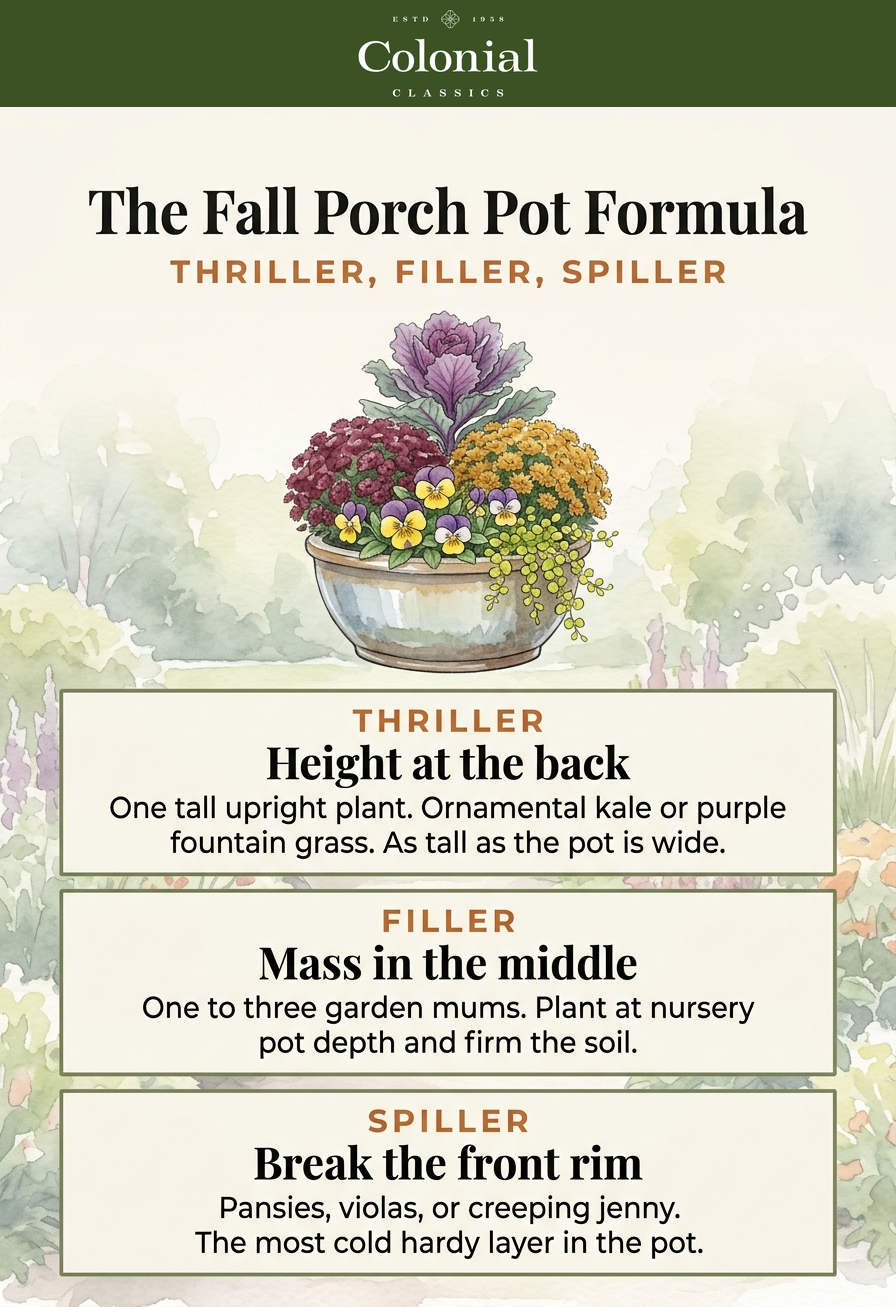 Diagram of the thriller filler spiller formula for a fall porch pot, showing ornamental kale or purple fountain grass as the tall thriller at the back, garden mums as the filler in the middle, and pansies or creeping jenny spilling over the front rim