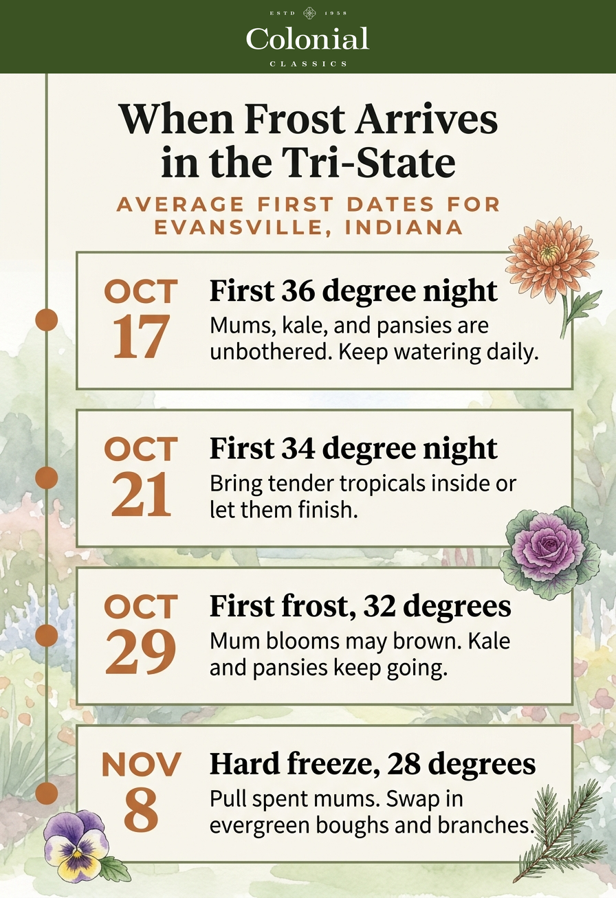 Fall frost timeline for Evansville Indiana showing average first 36 degree night on October 17, first 34 degree night on October 21, first frost at 32 degrees on October 29, and first hard freeze at 28 degrees on November 8, with container care actions at each stage