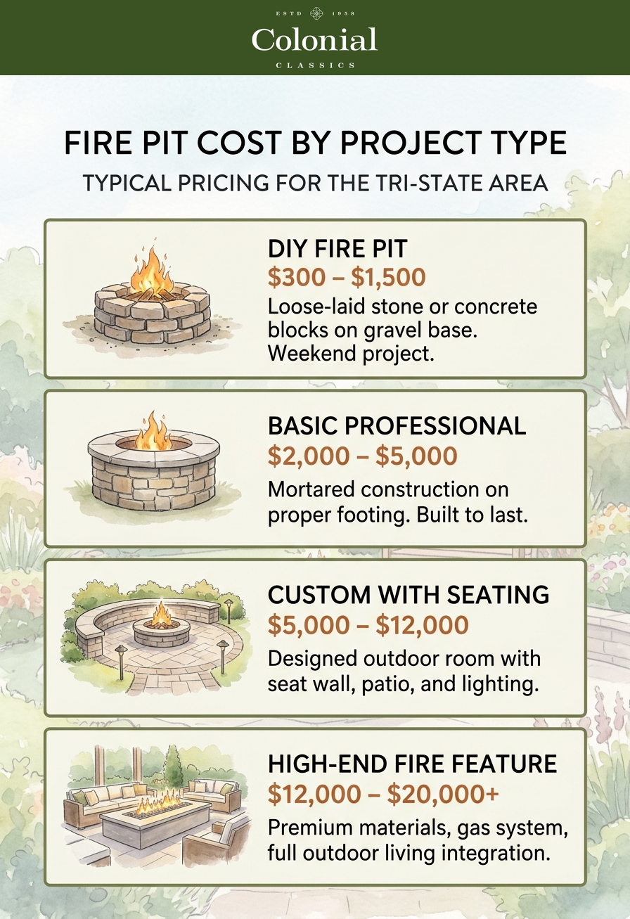 Fire pit cost breakdown by project type showing four tiers from DIY at $300 to high-end at $20,000 plus