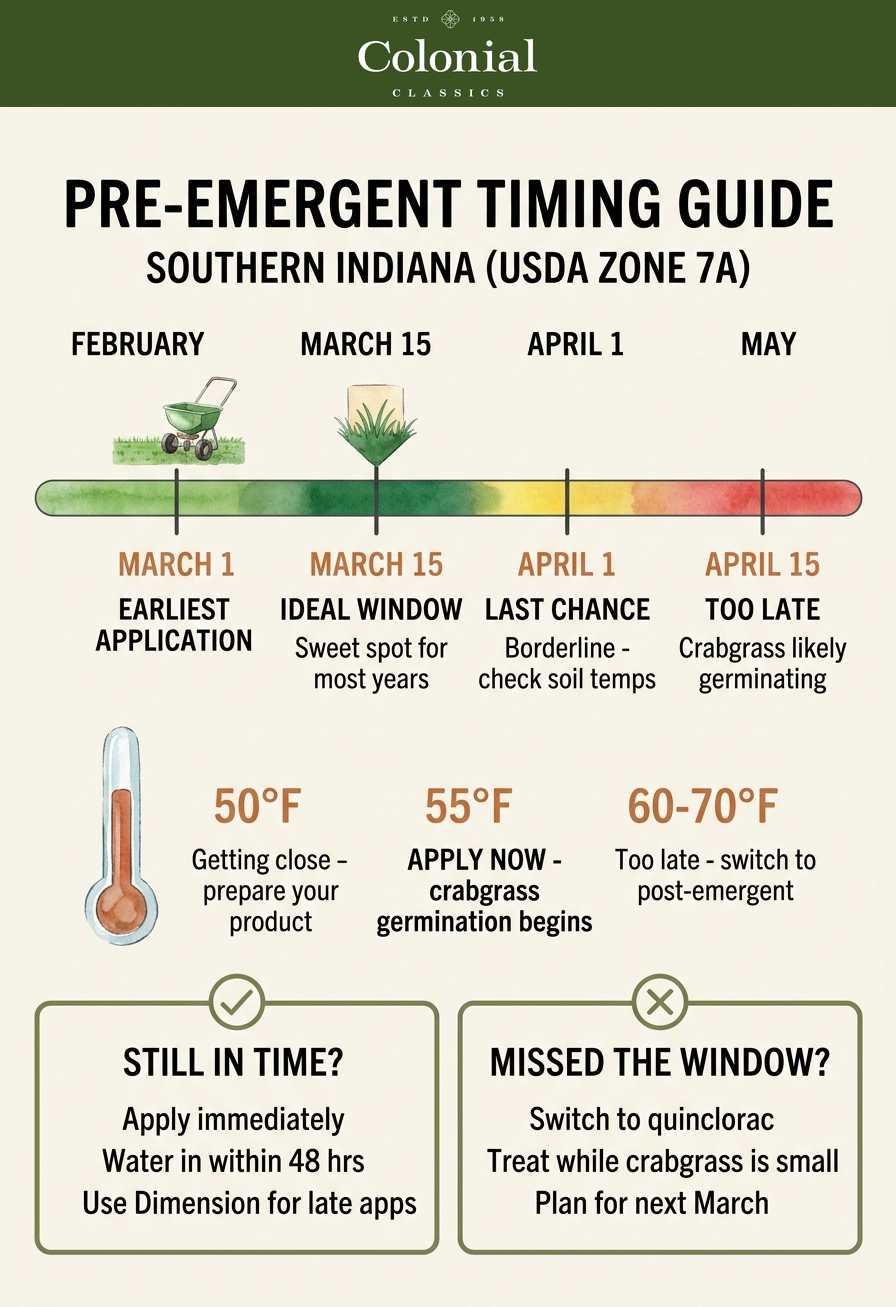 Pre-emergent timing guide infographic showing the application window from early March through early April for Southern Indiana with soil temperature triggers