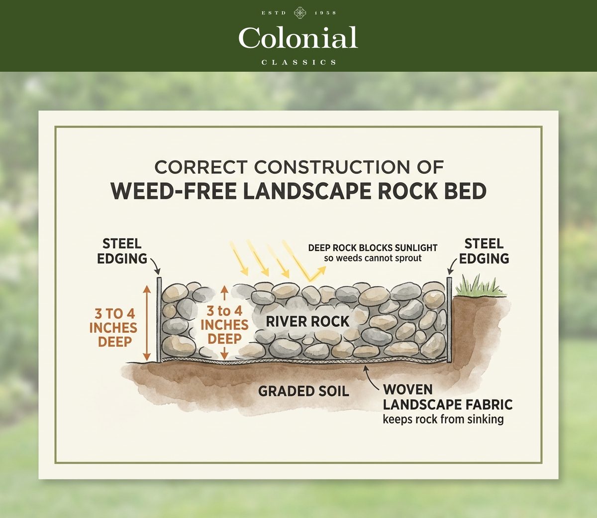 Cross-section diagram of a landscape rock bed showing steel edging, woven landscape fabric over graded soil, and rock spread 3 to 4 inches deep to block sunlight and weeds