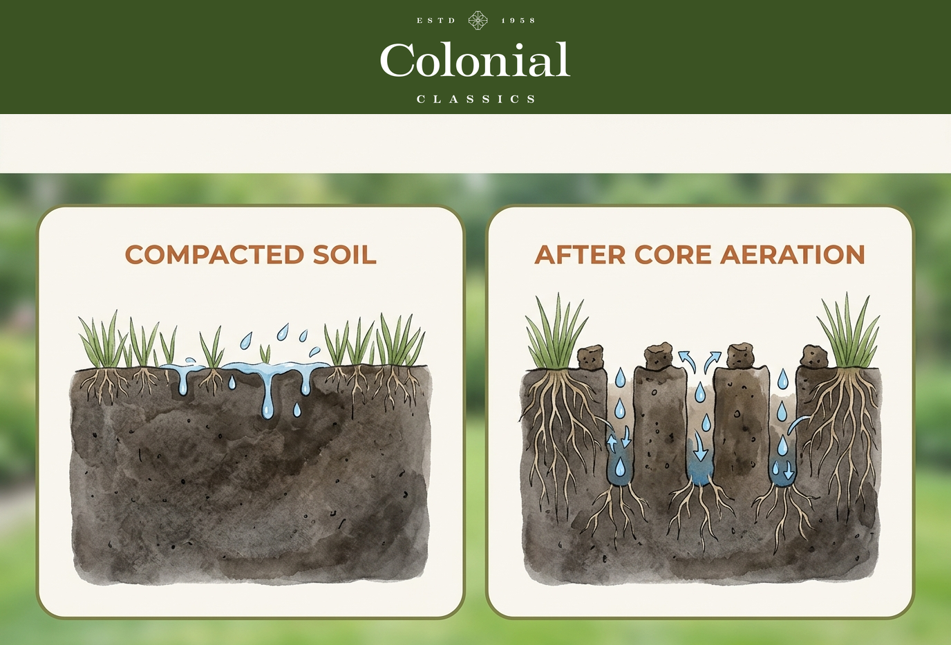 Cross-section infographic comparing compacted lawn soil with shallow roots to core-aerated soil with open channels, deeper roots, and water and air reaching the root zone