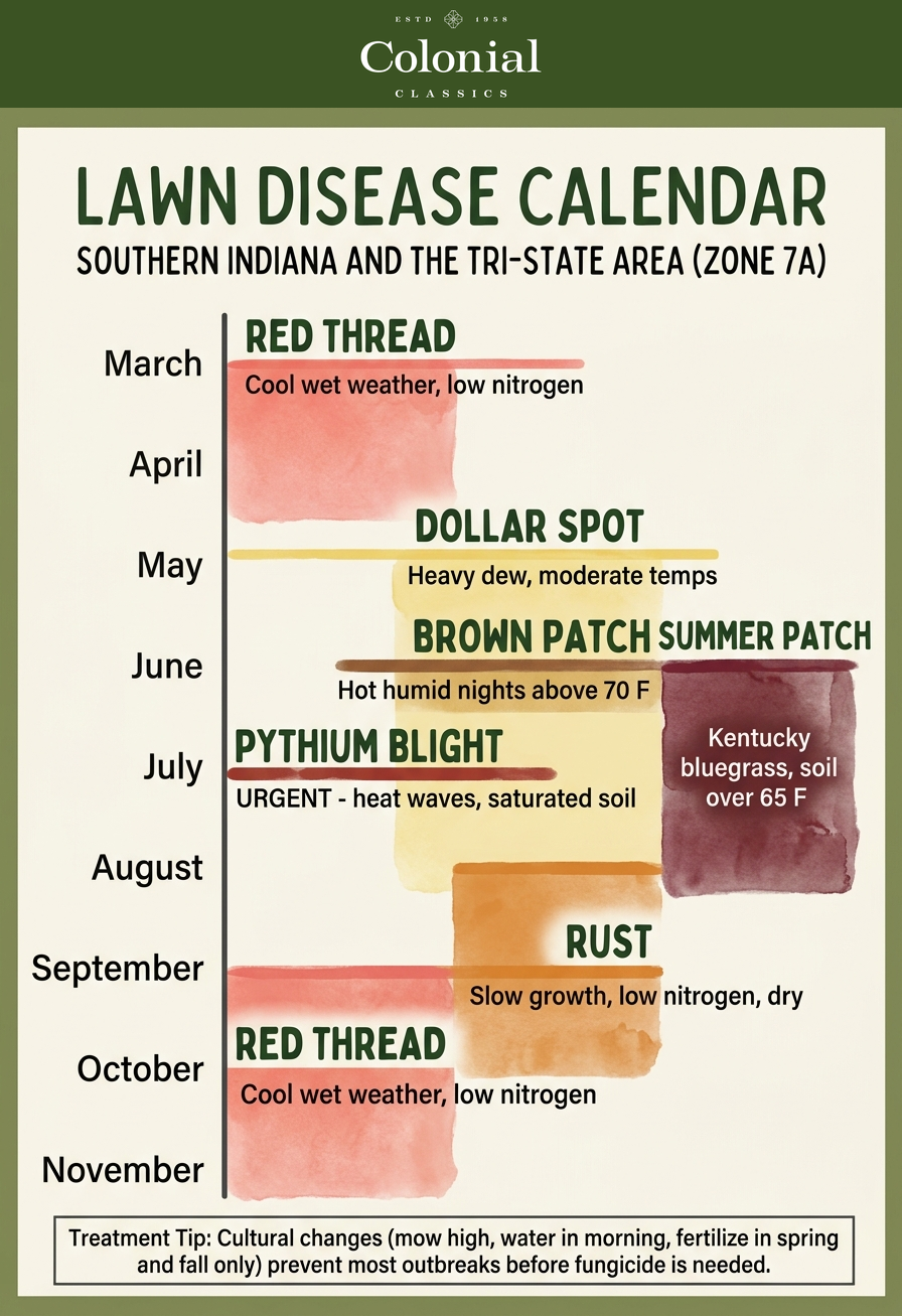 Annual lawn disease calendar for Southern Indiana showing when red thread brown patch dollar spot Pythium blight rust and summer patch are most active across spring summer and fall months