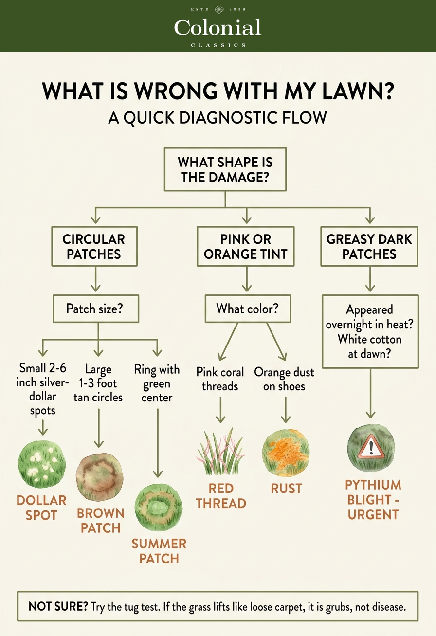 Decision tree infographic showing how to identify lawn disease by symptom: patch shape, blade lesion type, weather pattern, and grass type pointing to brown patch, dollar spot, red thread, rust, Pythium blight, or summer patch