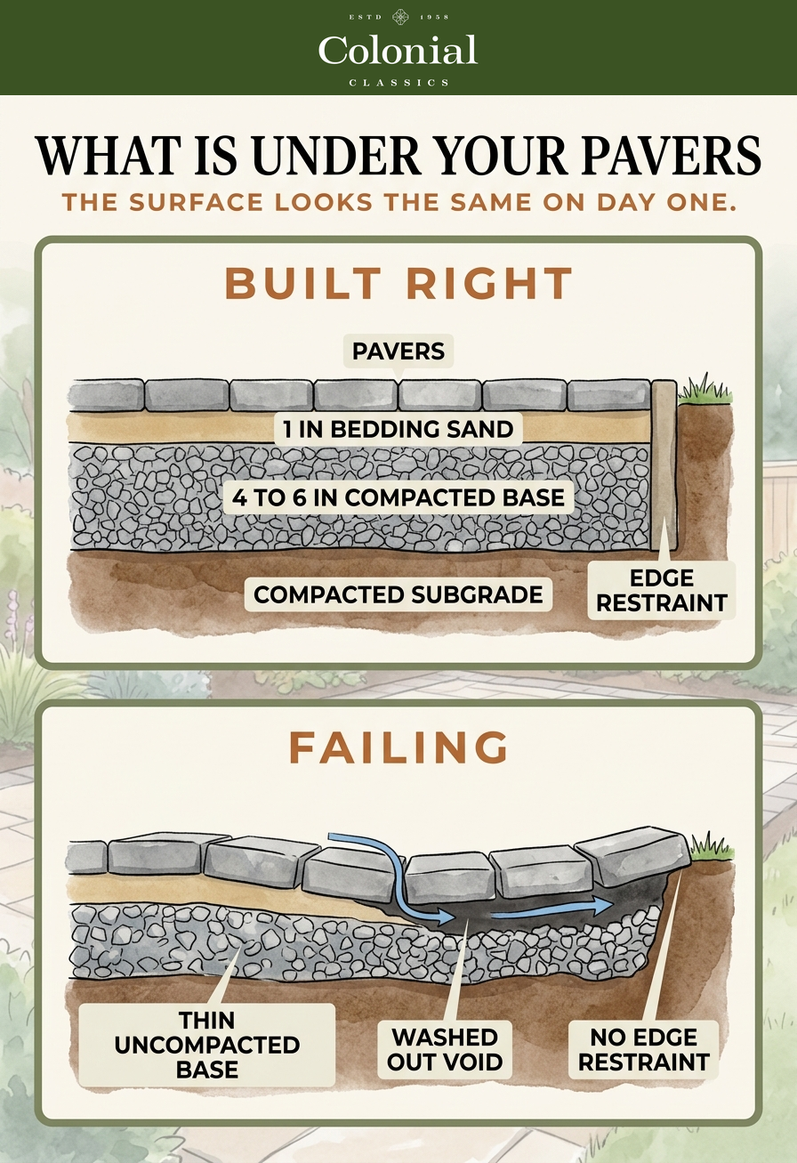 Cross-section diagram comparing a correctly built paver patio with compacted aggregate base, screeded bedding sand, edge restraint, and joint sand against a failing patio with a thin uncompacted base and washed out bedding sand
