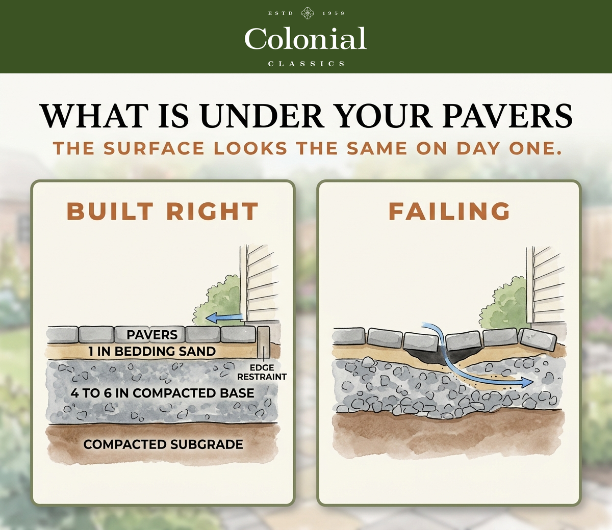 Cross-section diagram comparing a correctly built paver patio with compacted aggregate base, screeded bedding sand, edge restraint, and joint sand against a failing patio with a thin uncompacted base and washed out bedding sand