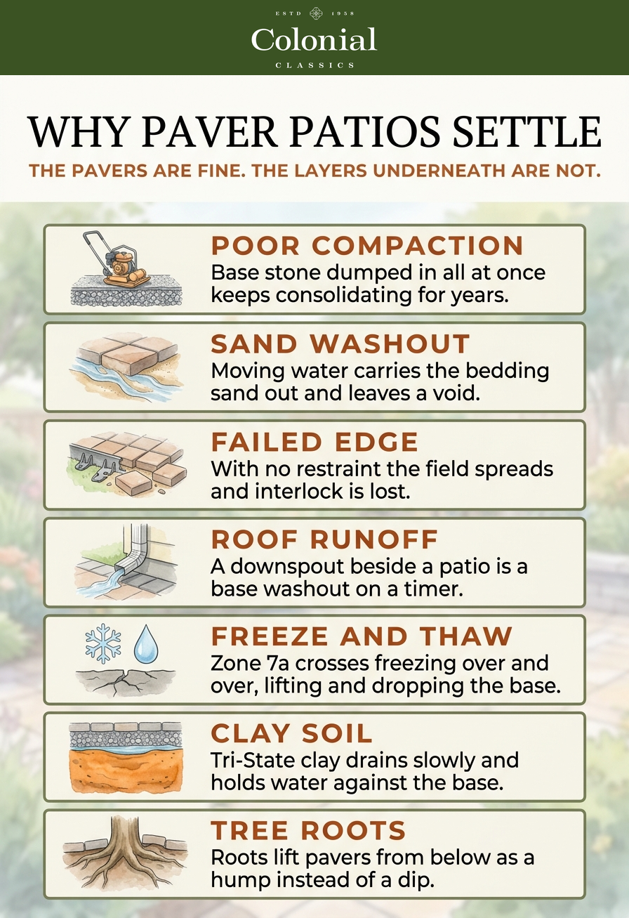 Infographic showing the seven causes of paver patio settling: poor base compaction, bedding sand washout, failed edge restraint, downspout discharge, freeze and thaw cycling, clay soil, and tree roots