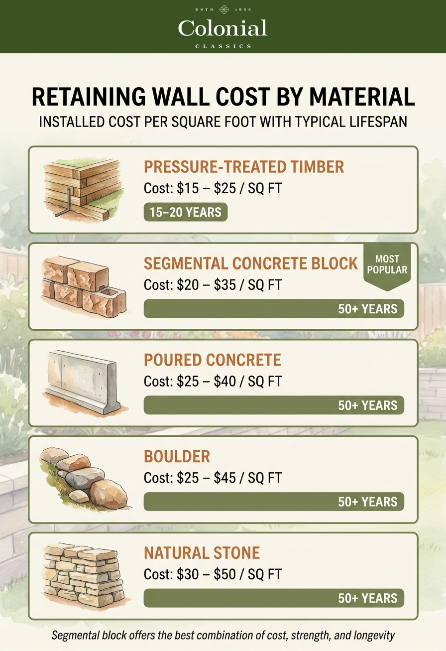 Retaining wall cost by material infographic comparing five materials from timber at $15 per square foot to natural stone at $50 per square foot with lifespan data