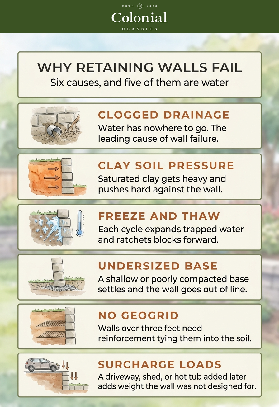 Infographic showing the six most common causes of retaining wall failure including clogged drainage, clay soil pressure, freeze and thaw cycles, undersized base, missing geogrid, and surcharge loads