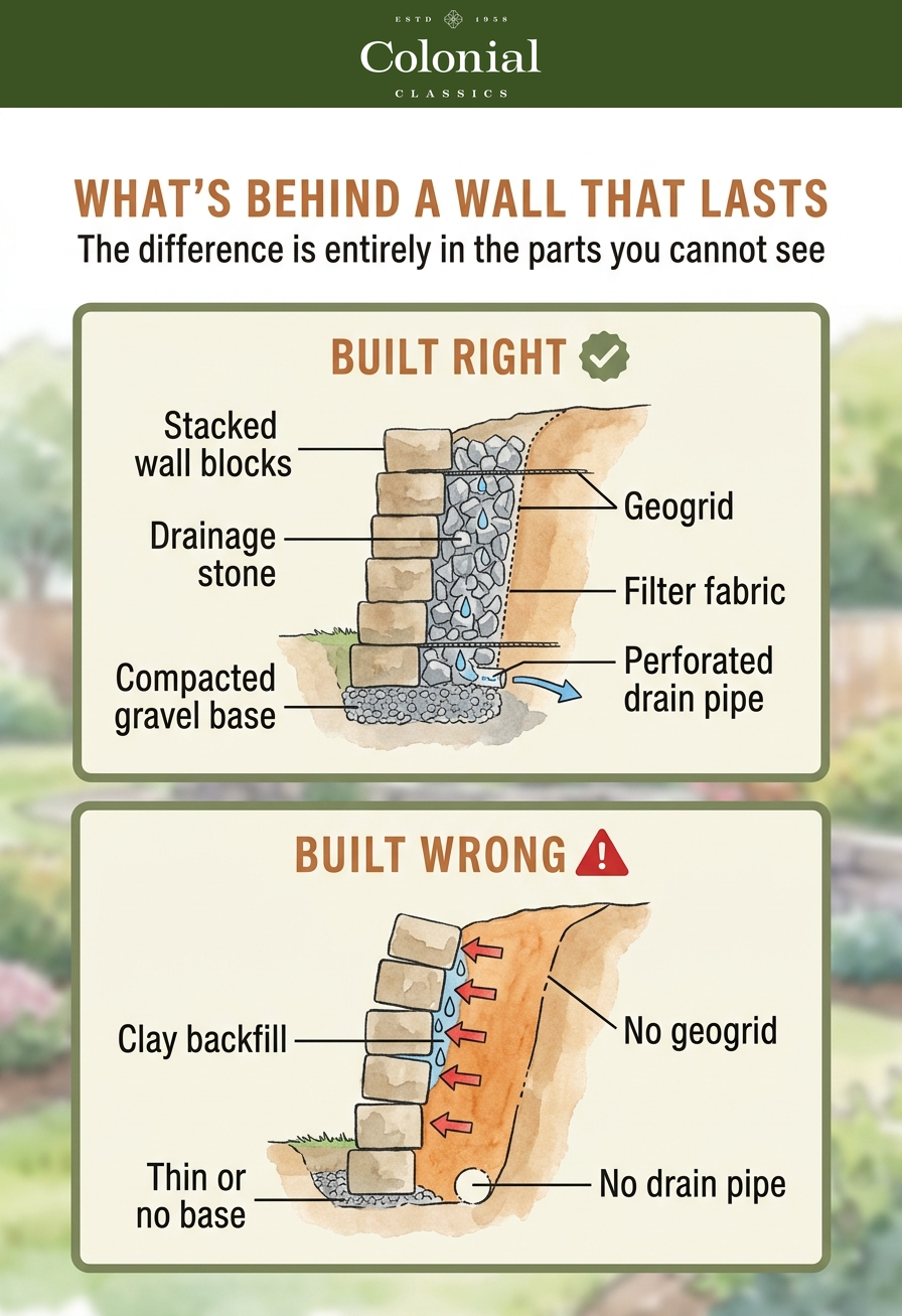 Cross-section diagram comparing a correctly built retaining wall with compacted gravel base, drainage stone, filter fabric, perforated drain pipe, and geogrid against a failing wall with clay backfill and no drainage
