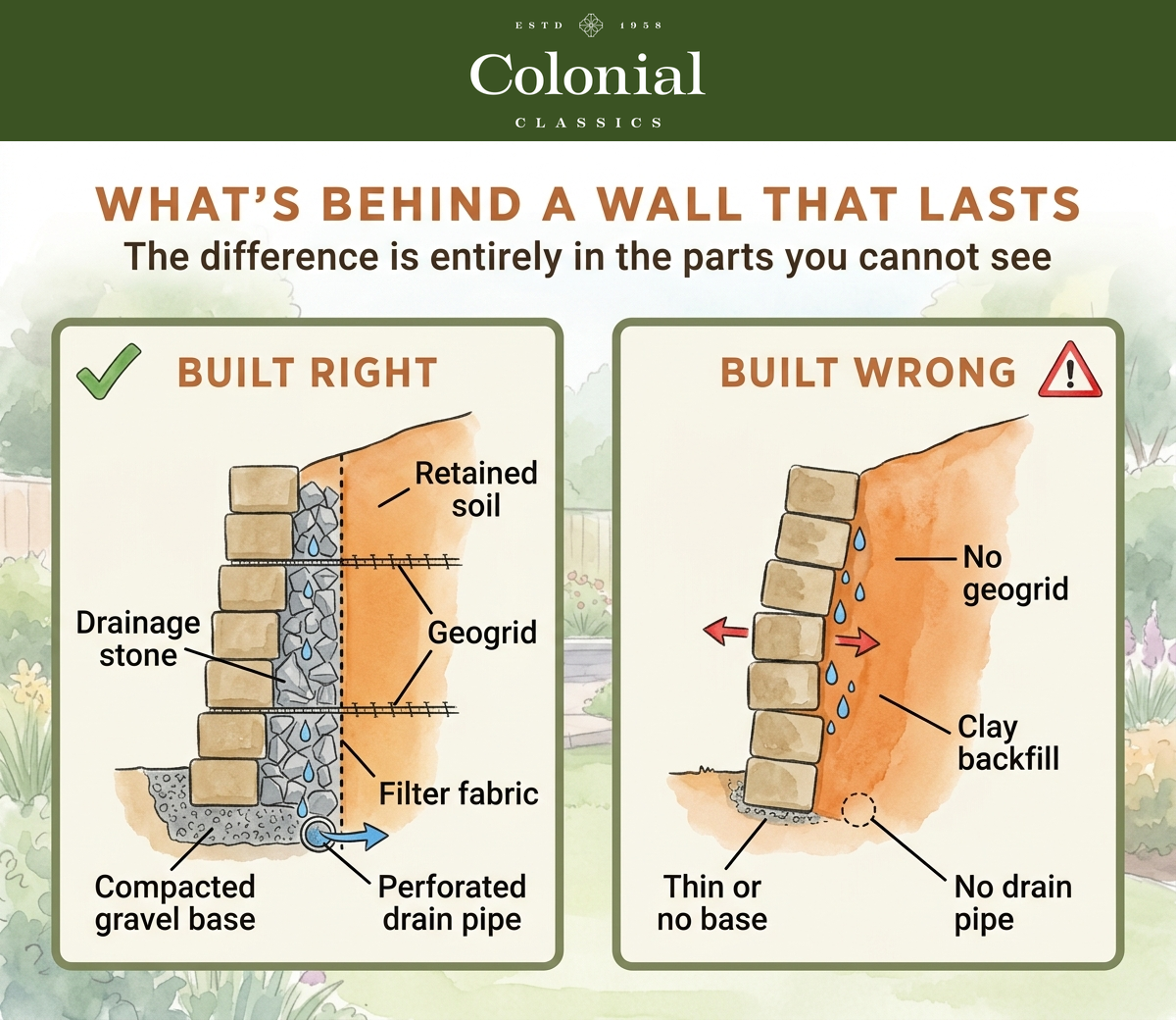 Cross-section diagram comparing a correctly built retaining wall with compacted gravel base, drainage stone, filter fabric, perforated drain pipe, and geogrid against a failing wall with clay backfill and no drainage