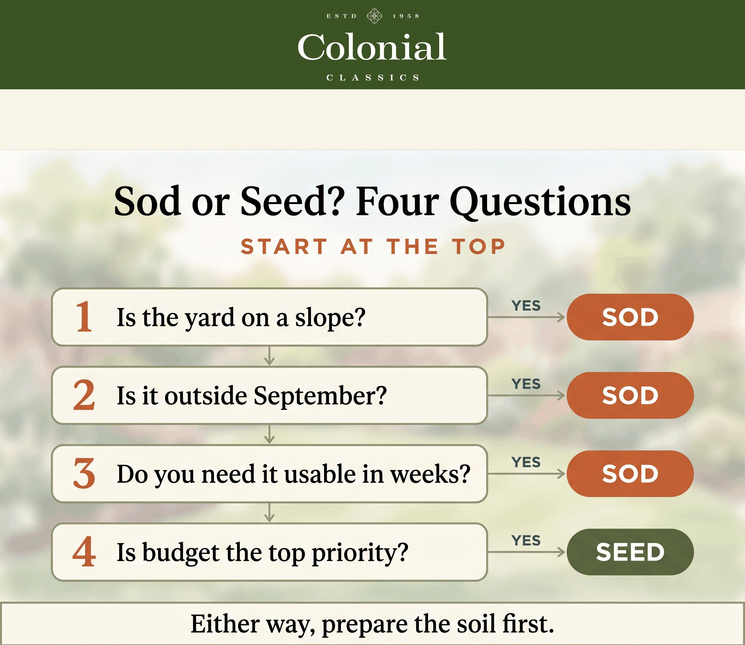 Decision flowchart guiding homeowners from slope, timing, and budget questions to a sod or seed recommendation