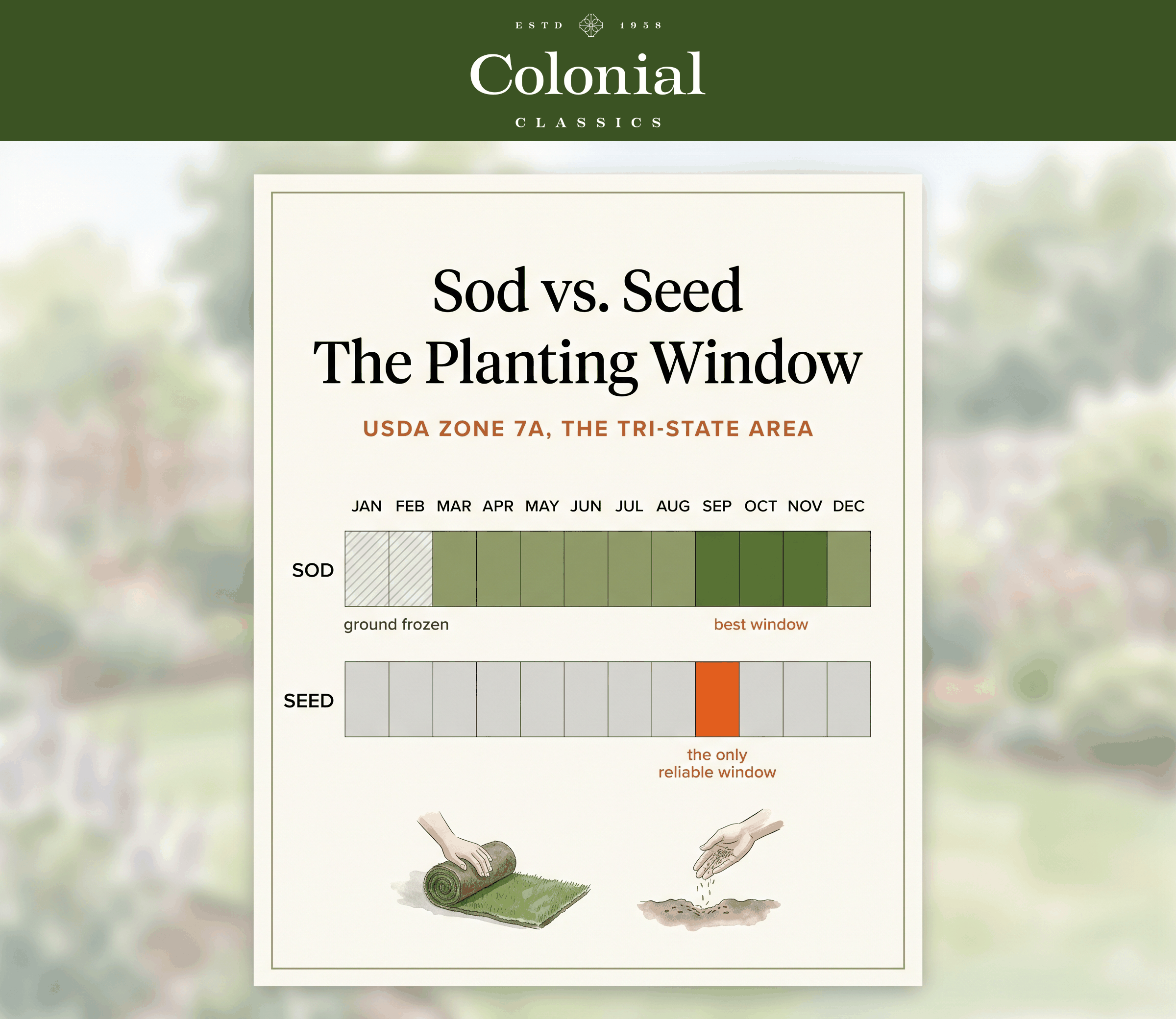 Twelve month calendar for Zone 7a showing the September seeding window versus the much wider sod installation window