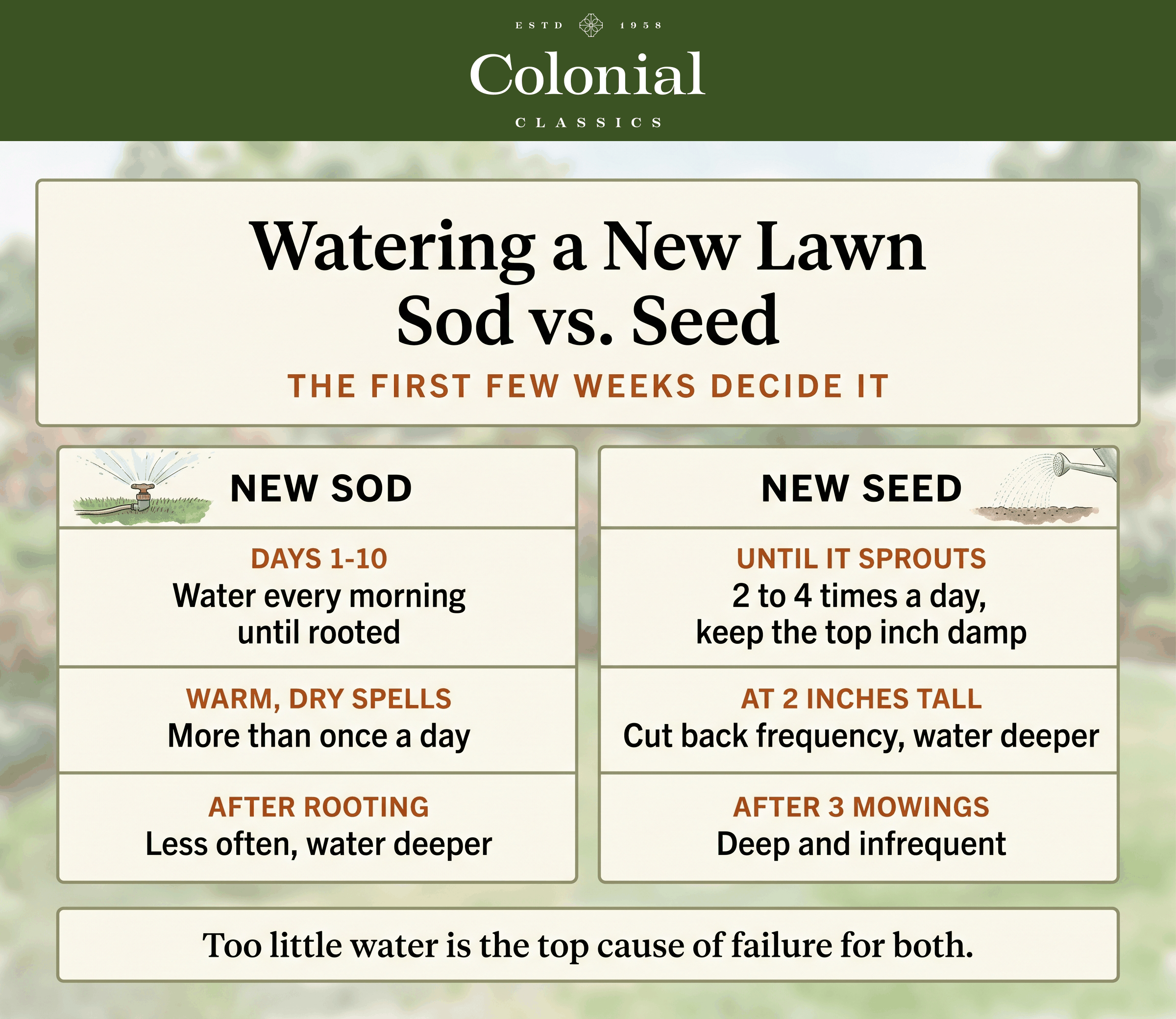 Side by side watering schedules for new sod and new seed across the first weeks after installation