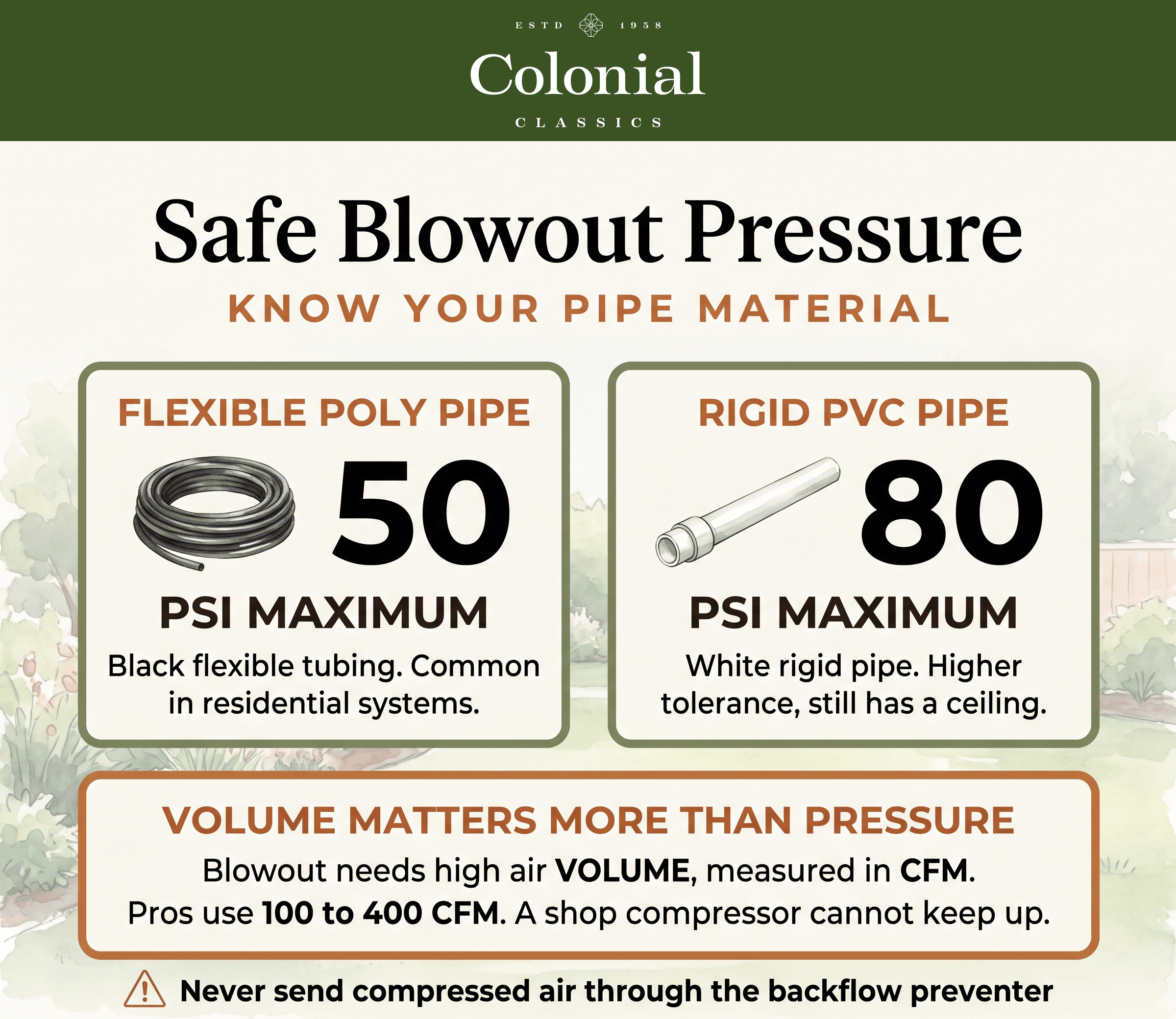 Blowout pressure chart: 50 PSI max for flexible poly pipe, 80 PSI for rigid PVC, and a note that CFM matters more