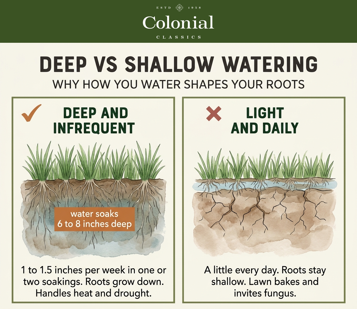 Infographic comparing deep infrequent watering versus shallow daily watering, showing deep watering produces long roots reaching far into the soil and shallow watering produces short shallow roots near the surface