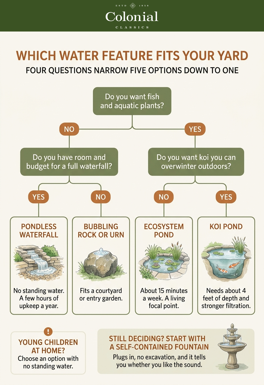 Decision chart showing which water feature fits based on whether you have young children, how much maintenance time you want, and whether you want fish and plants