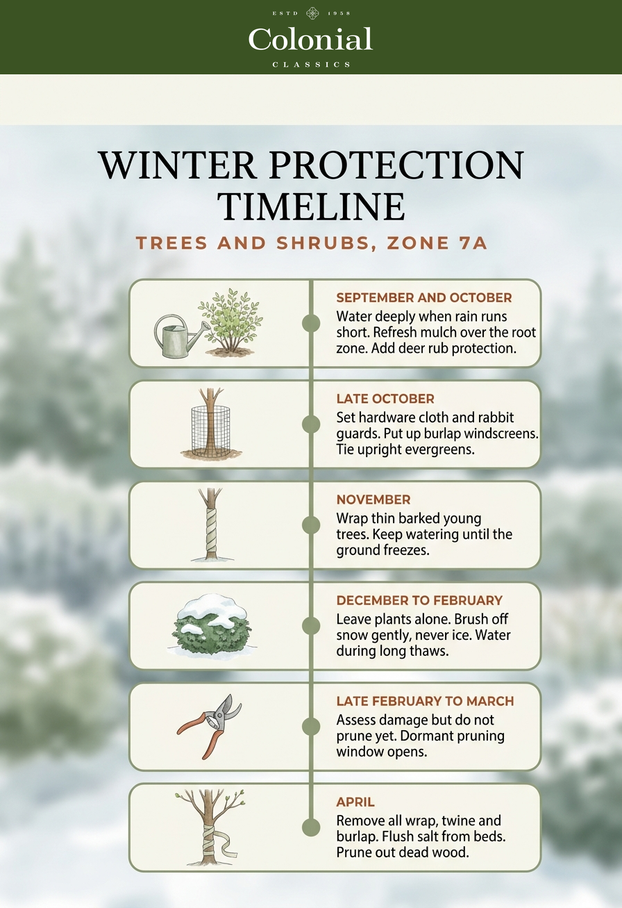 Timeline of winter plant protection tasks from September through April, from fall watering to removing tree wrap