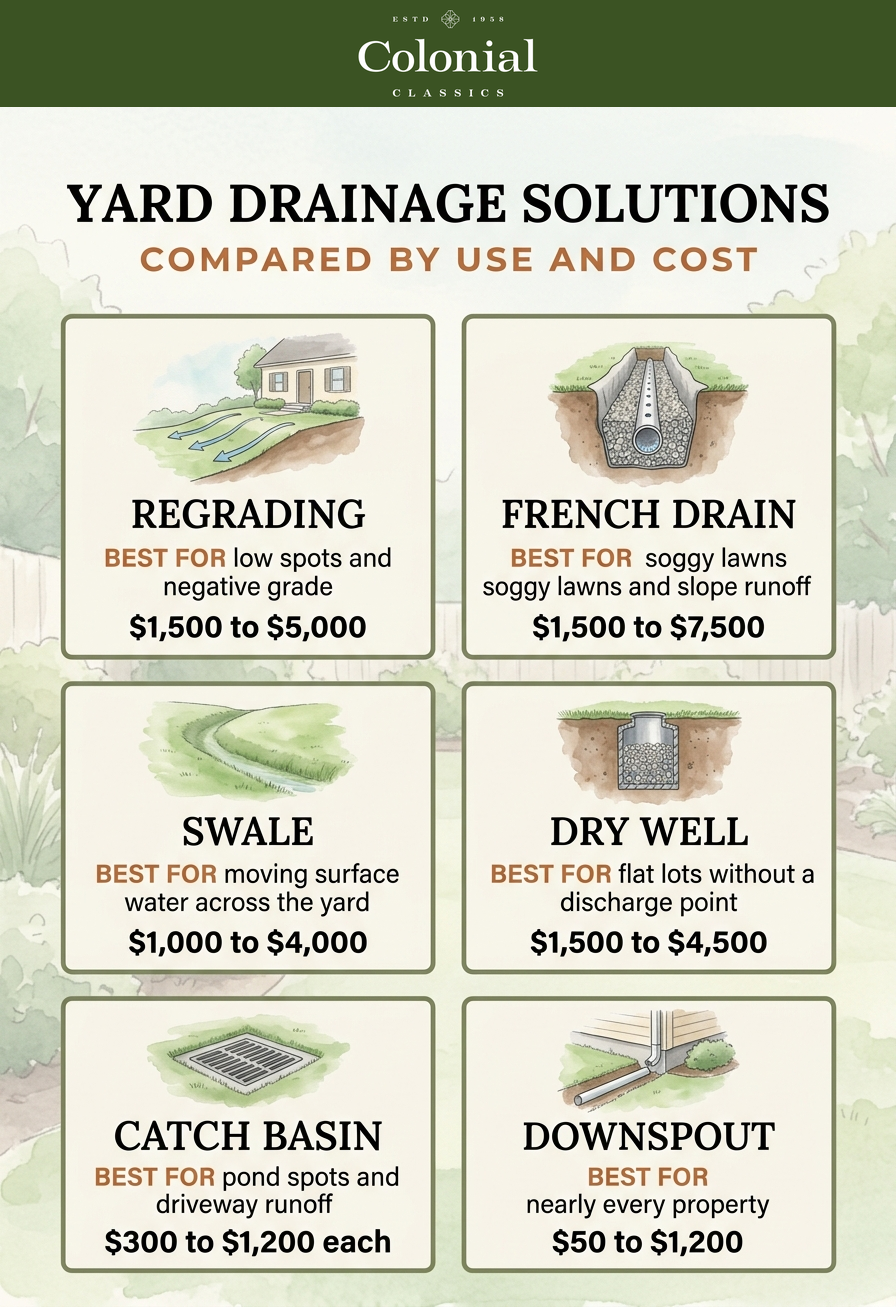 Comparison of six yard drainage solutions: regrading french drains swales dry wells catch basins and downspout extensions
